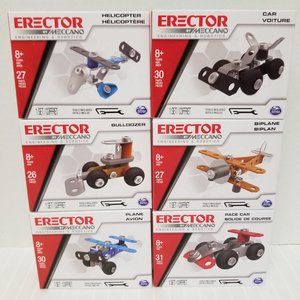 Meccano Toy-Set Of 6-Erector Models-Biplane-Race Car-Helicopter-Bulldozer-New